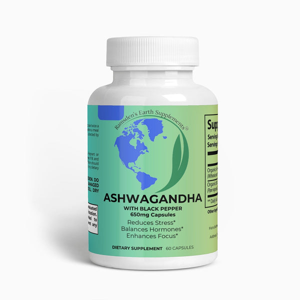 Ramsden's Earth Supplements Ashwagandha bottle for natural stress relief, energy, and focus.