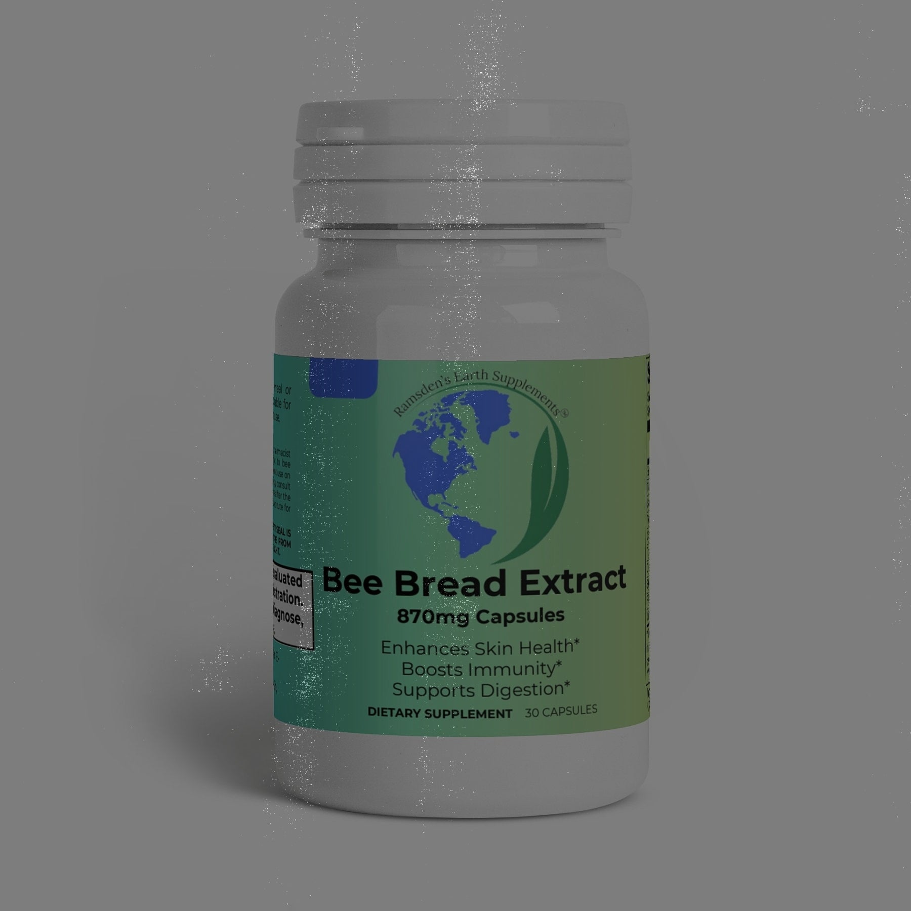 Bee Bread Extract capsules placed next to Ramsden's Earth Supplements bottle for promoting vitality and overall wellness.