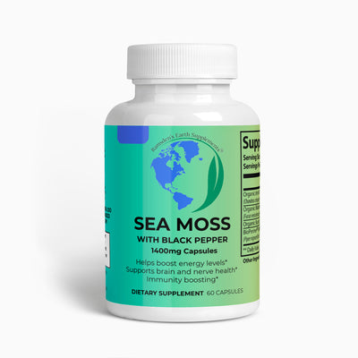 "Ramsden’s Earth Supplements™️ Sea Moss Capsules – 60-count bottle featuring a clean, natural formula with Irish Moss, Bladderwrack, and Burdock Root.